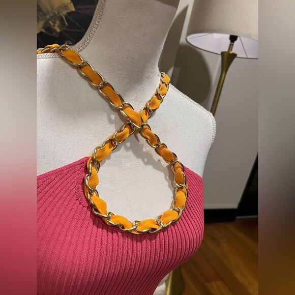 Zara Barbiecore Pink knit Dress w orange and gold straps size Small - Picture 5 of 9